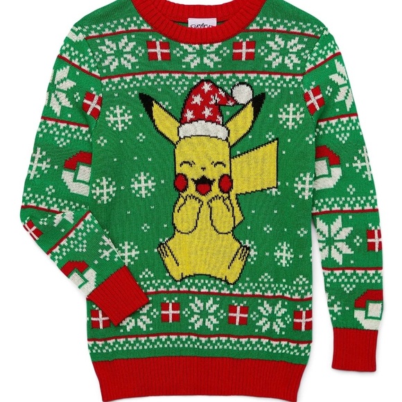 New-Boys Green Christmas Sweater with Pikachu Design - Picture 1 of 3